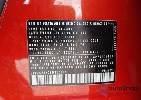 2019 Volkswagen Tiguan 2.0T Se/2.0T Sel/2.0T Sel R-Line/2.0T Sel R-Line Black from USA, damaged, VIN 3VV2B7AX0KM153051